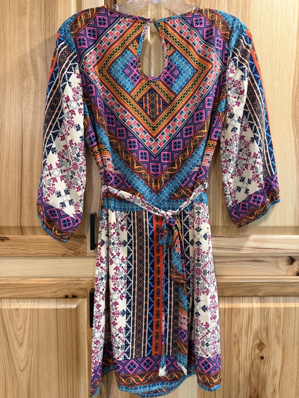 Pink Owl Multicolor Geometric Cropped Sleeve Boho Festival Mini Dress Size S - Picture 5 of 10
